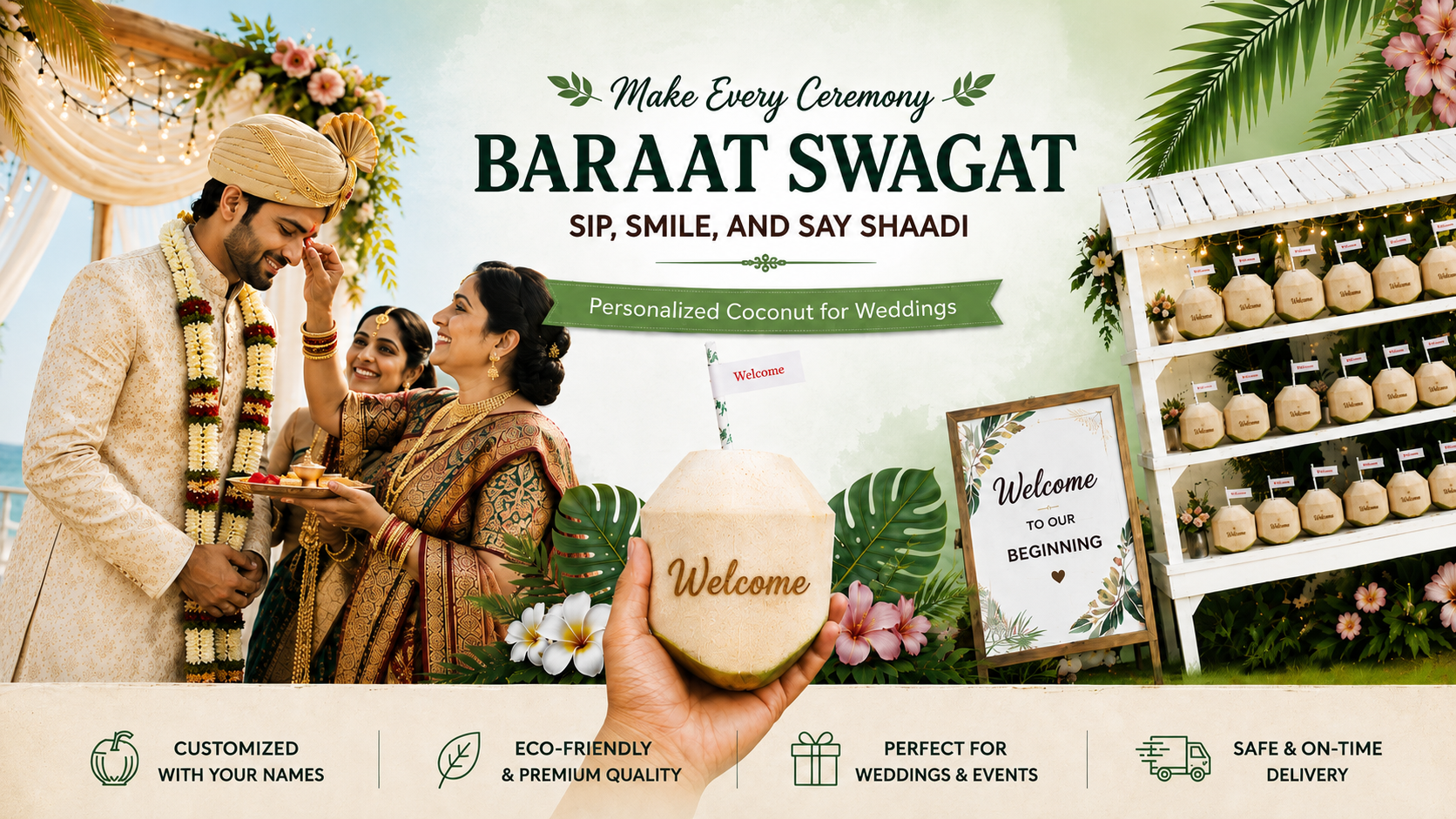 Coconut Barat Swagat ceremony at Indian wedding entrance welcoming the groom's procession
